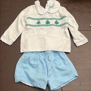 White and Blue Embroidered Top and Shorts Set Christmas Trees